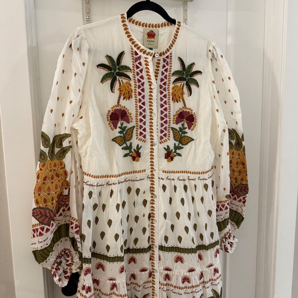 Farm Rio Off-White Made In Brazil Embroidered Maxi Dress Beaded Tropical NWT L - Picture 7 of 11